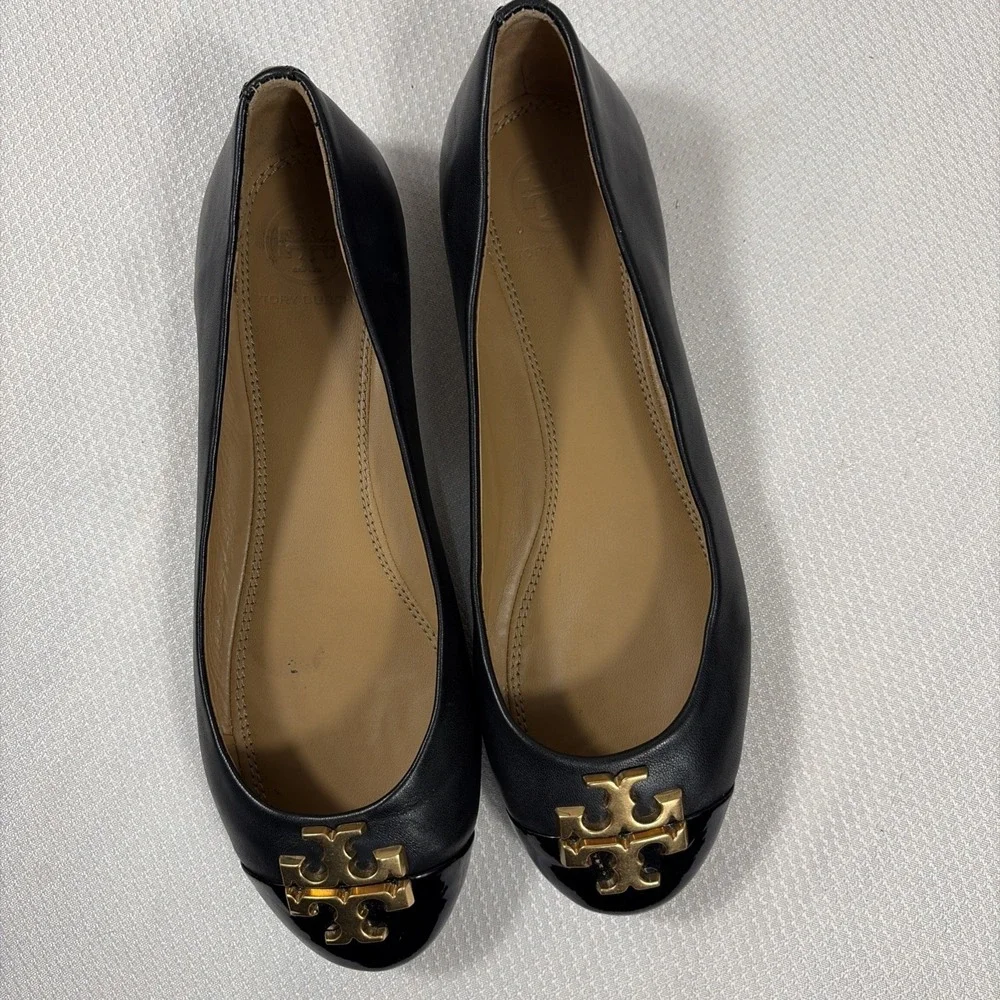 Tory Burch Laura‎ Ballet Gold Double T Logo.Size 6.5 Black Shoes